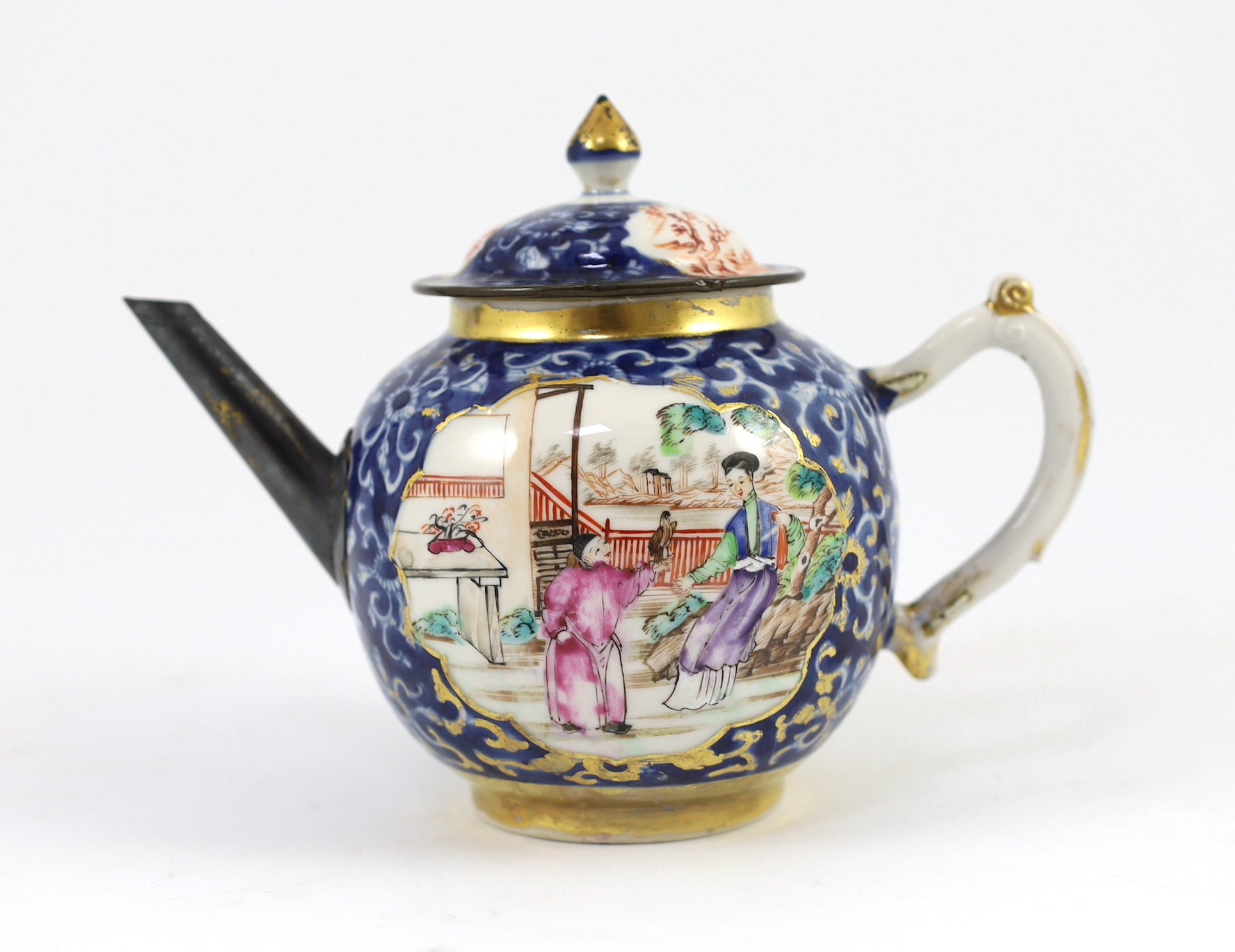 A Chinese export famille rose part tea and coffee set, Qianlong period, teapot 15cm high, some damage and wear to gilding